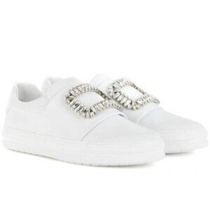 Pre-owned Roger Vivier Sneaky Viv Crystal-embellished Leather Slip-on Sneakers W